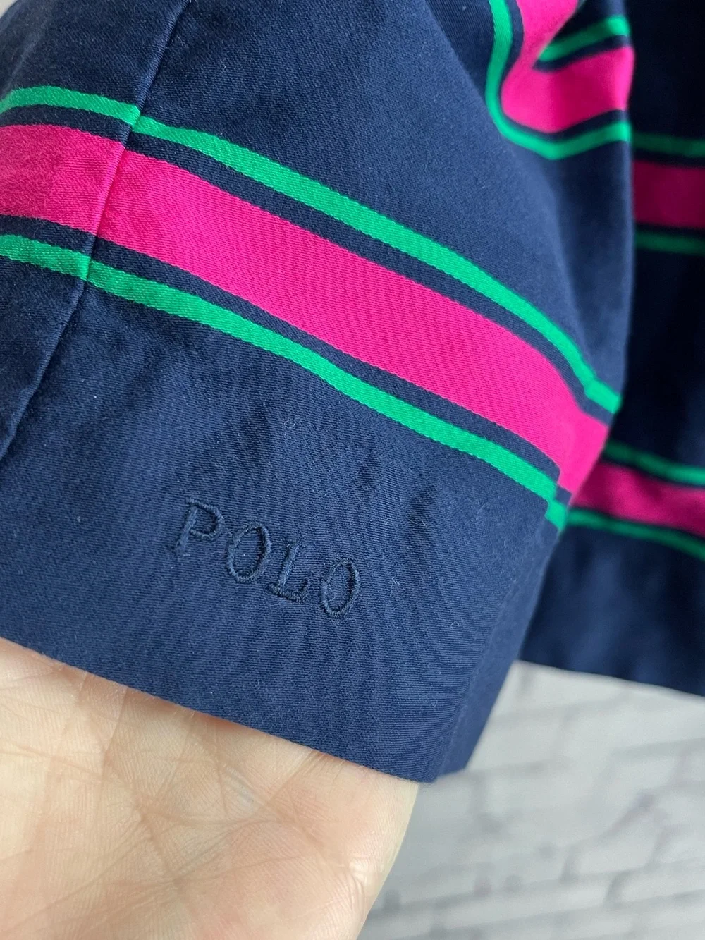 Ralph Lauren size 6 Month navy blue pink and green striped dress